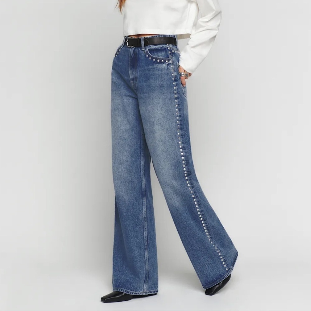 NWT Reformation Cary High Rise Slouchy Wide Leg Jeans Chesapeake Studded Blue